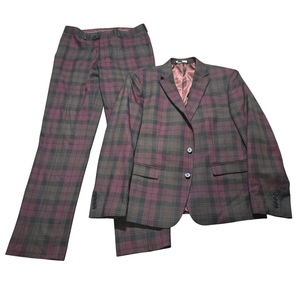 Bar III Slim Fit Suit Men 42S 32x32 Burgundy Charcoal Plaid 2-Piece Set